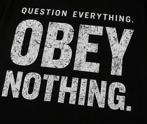 Question Everything Obey Nothing T-Shirt | Streetwear Graphic Tee | Oversized Back Print Shirt | Minimal Front Logo